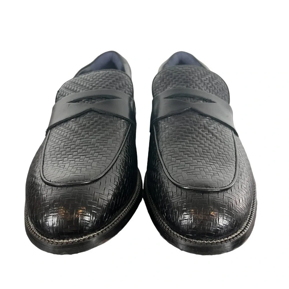 Men's Black Woven Leather Penny Loafers